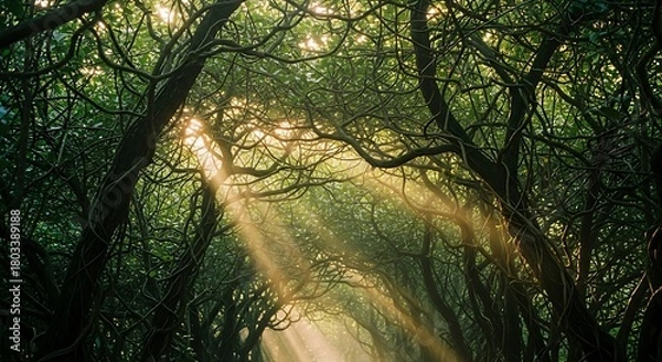 Fototapeta Sunbeams filter through lush green forest canopy creating a magical atmosphere.