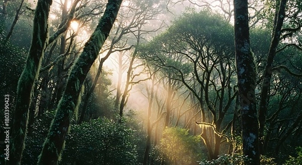 Fototapeta Sunbeams pierce through a misty, ancient forest canopy, illuminating the lush green foliage and gnarled tree trunks.