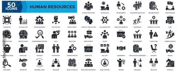 Obraz Human Resource icon set. Containing workplace, management, employee, recruitment, job interview, hire, skill, company culture, strategy, teamwork, HR management icon. Glyph style