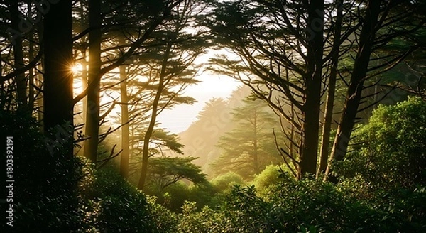Fototapeta Sunlight filtering through a dense forest canopy creating a magical atmosphere.