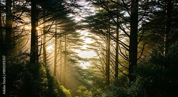 Fototapeta Sunlight filtering through a dense forest canopy creating a serene and mystical atmosphere.
