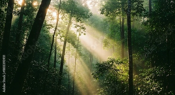 Fototapeta Sunlight Filtering Through a Lush Green Forest Canopy.