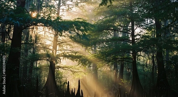 Fototapeta Sunlight filtering through a dense, lush swamp forest.