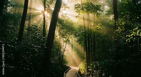 Fototapeta Sunlight filtering through a lush green forest creating a magical and serene atmosphere.