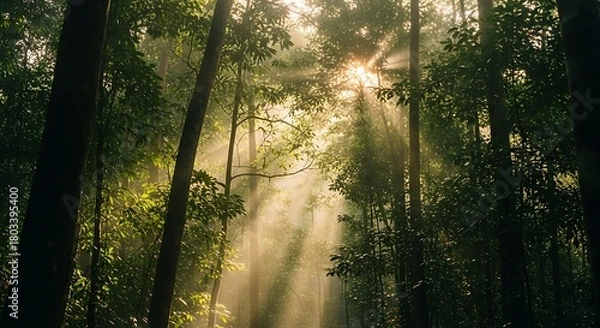 Fototapeta Sunlight filtering through tall trees in a lush green forest creating a serene and mystical atmosphere.