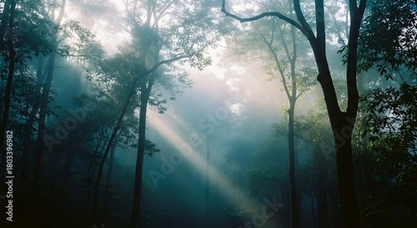 Fototapeta Sunlight piercing through the misty forest canopy, creating ethereal light rays.
