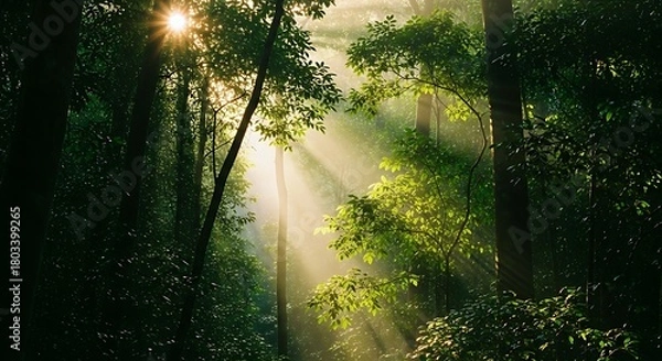 Fototapeta Sunlight streaming through a lush green forest canopy, creating a serene atmosphere.