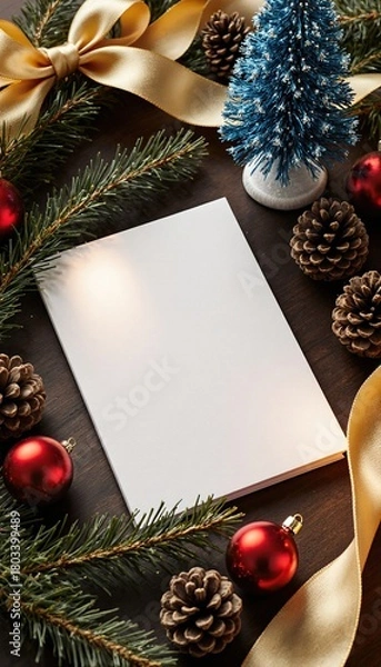 Obraz Festive Tabletop Composition with Red Ornaments and Greenery