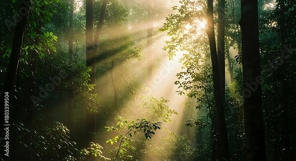 Fototapeta Sunlight streaming through a lush green forest canopy.