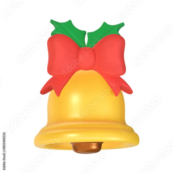 Obraz A 3D stylized golden Christmas bell decorated with a red bow and green holly leaves.