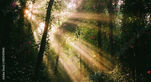 Fototapeta Sunlight streaming through lush green forest trees creating a mystical atmosphere.