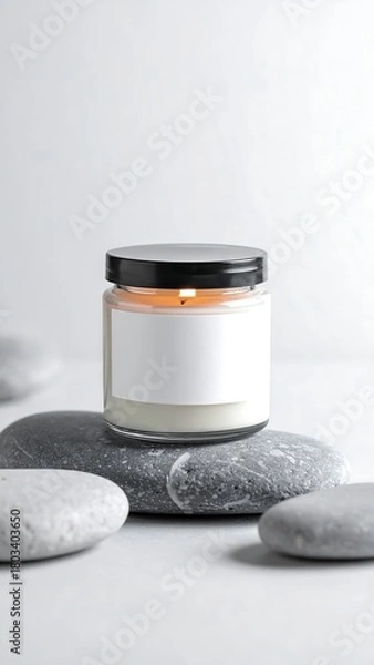 Fototapeta A lit candle in a clear glass jar with a blank label sits atop smooth grey stones, all against a clean white backdrop