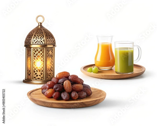 Obraz Ramadan Lantern with Date Fruits and Orange Juice against a White Background