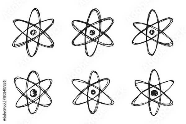 Fototapeta Set of hand drawn atom sign Molecule clipart in doodle style Symbol of science, education, nuclear energy, scientific research, molecular chemistry Single element for print, web, design