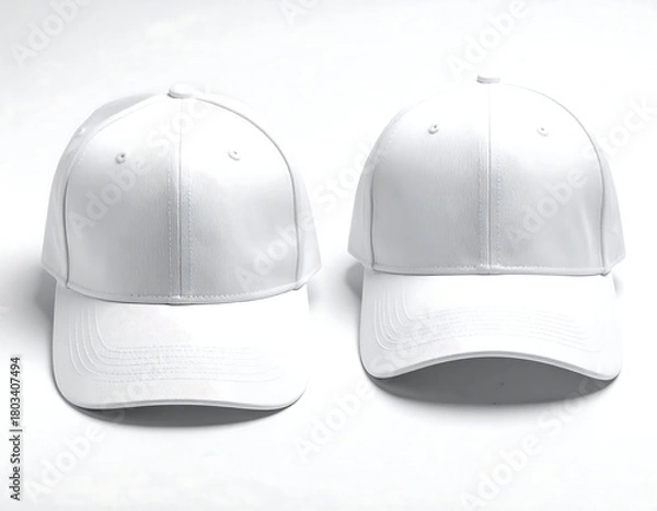 Fototapeta Two white baseball caps, front view, isolated, with curved visors