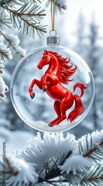 Fototapeta Clear Christmas Bauble with Red Rearing Horse Figurine on Snowy Winter Pine Branch Background_6