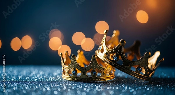 Obraz Two golden crowns on a sparkling surface with bokeh lights