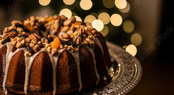 Fototapeta Decadent bundt cake with nuts and white glaze against bokeh lights