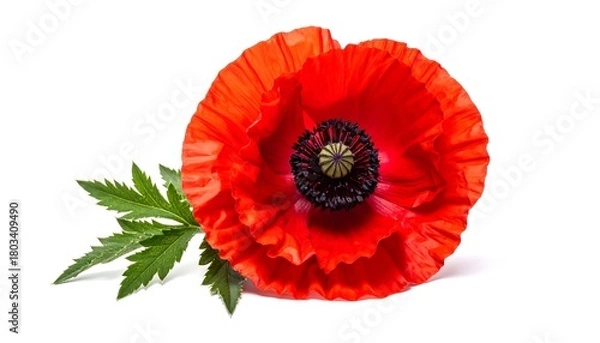 Fototapeta Vivid close-up shows a vibrant, fully bloomed red flower with delicate petals and a dark, textured center, alongside a green, fern-like leaf on white