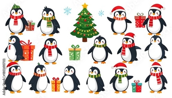 Fototapeta Whimsical assortment of cartoon penguins, Christmas tree, snowflakes, and festive gifts, all on a plain white backdrop