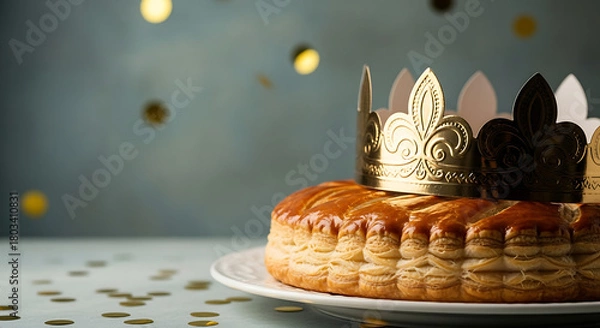 Obraz Golden crown on a festive puff pastry cake with confetti