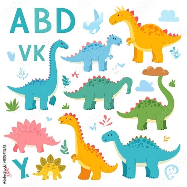 Fototapeta Whimsical illustration of diverse, colorful, cartoon dinosaurs and alphabet