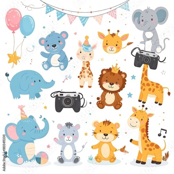 Fototapeta Whimsical illustrations depict a party scene with cheerful animals, balloons, confetti, and celebratory decorations