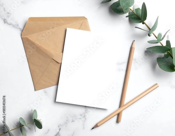 Fototapeta White paper and envelope with pencils and greenery on marble