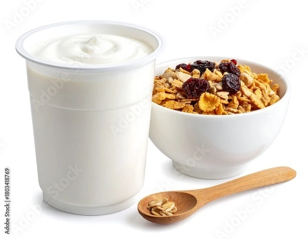 Fototapeta Yogurt cup, cereal bowl, wooden spoon with oats. White background