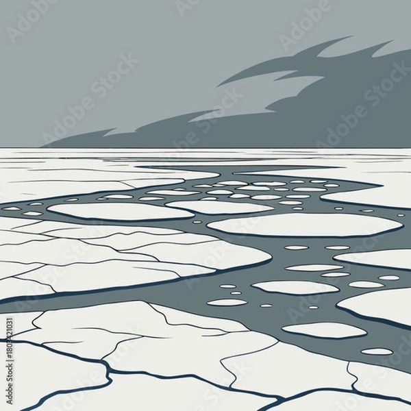 Fototapeta A stark illustration depicts a frozen arctic landscape, featuring cracked ice floes and a somber sky, evoking a sense of cold and desolation, isolated on