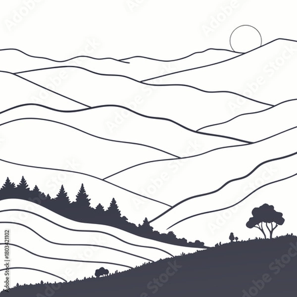Obraz Monochrome illustration of a tranquil landscape with rolling hills, a distant sun, and silhouetted trees against a clear sky isolated on