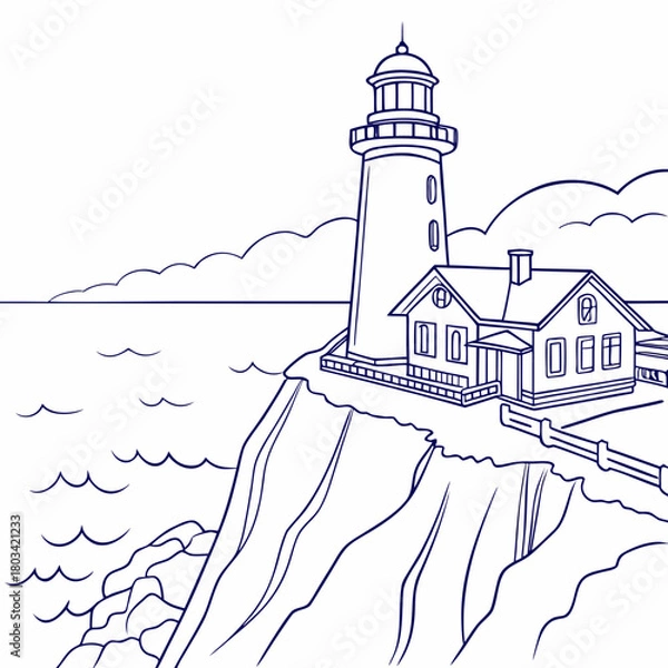 Obraz A serene line art illustration depicts a lighthouse standing tall on a cliff, overlooking the vast ocean, with gentle waves lapping at the shore, isolated on