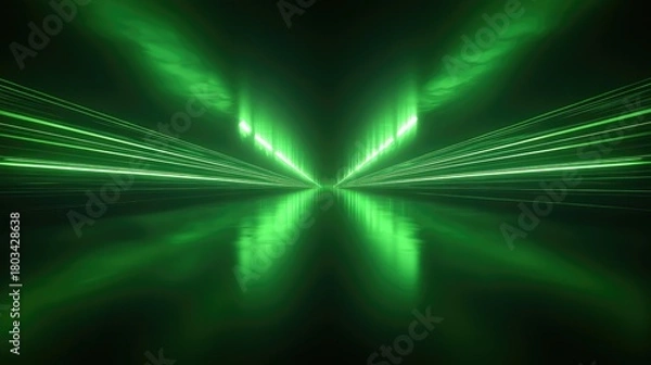 Obraz Green glowing light speed lines on reflective surface