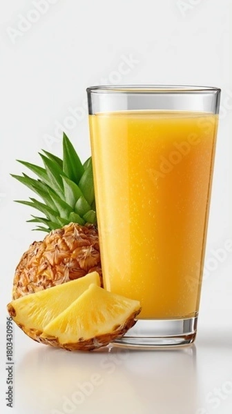 Fototapeta A glass of fresh pineapple juice with whole fruit and slices. Healthy tropical beverage isolated on a white background. Summer refreshment concept