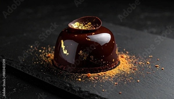 Obraz Glossy chocolate-glazed dessert with gold leaf on slate board, surrounded by cocoa and golden sprinkles.