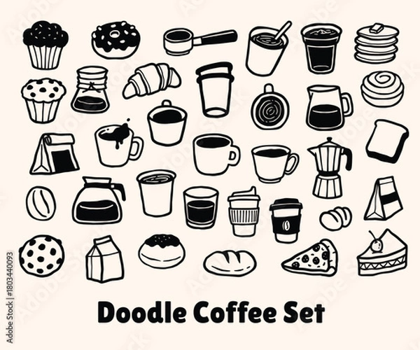Obraz Coffee, Cafe, Bread, Cake Doodle Illustrations Vector Set