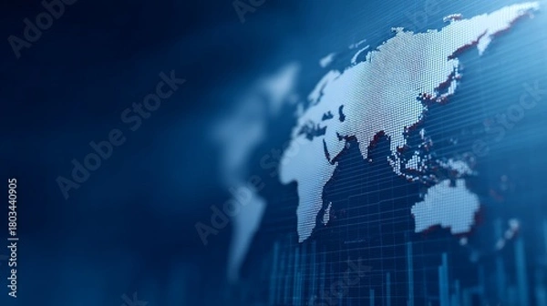 Obraz International Economic Policy Framework, Digital world map with data visualization elements.