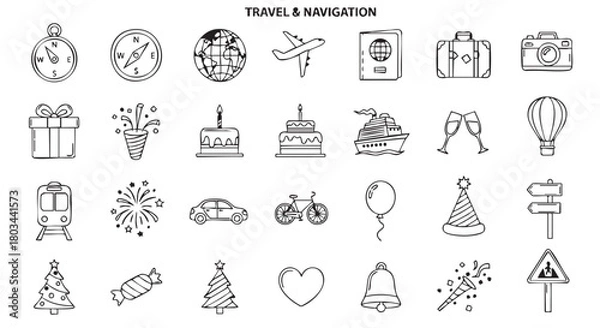 Fototapeta Hand drawn travel and celebration icon set in vector format