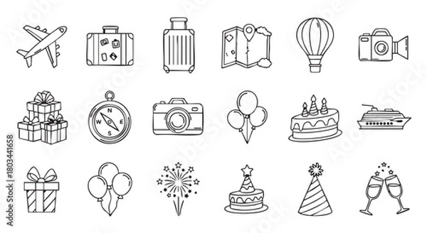 Fototapeta Hand drawn travel and celebration icons in black and white style