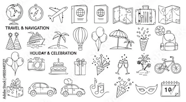 Fototapeta Hand drawn travel and holiday illustrations with navigation and celebration items