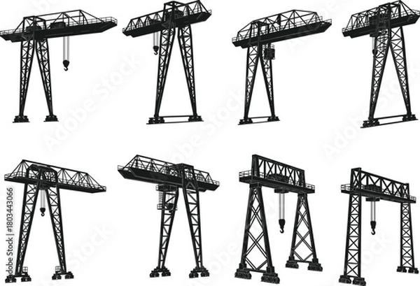 Fototapeta Gantry crane vector icon set. Industrial heavy lifting machinery silhouettes. Construction and port equipment graphics. Isolated on white background.