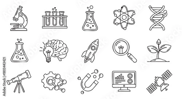 Fototapeta Science and innovation icon set featuring microscope test tubes telescope and brain