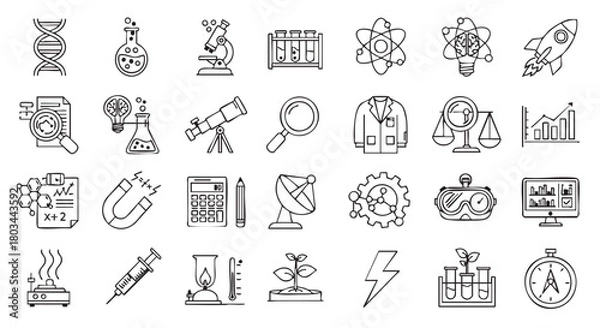 Fototapeta Science and laboratory equipment drawn outline set for education purposes