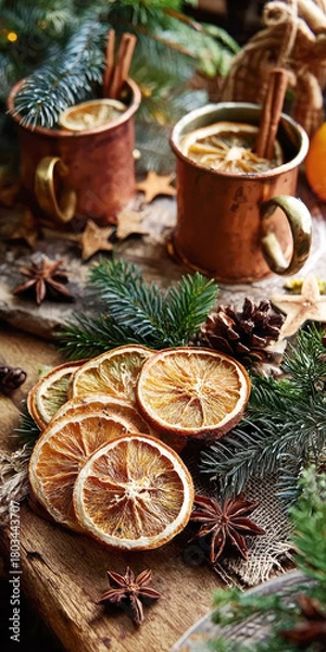 Fototapeta Christmas Scene with Dried Orange Slices, surrounded by Pine Branches and Star-Shaped Decorations