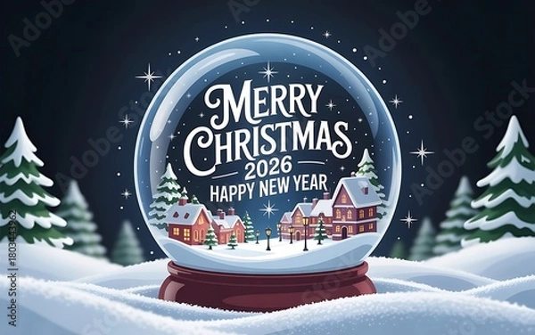 Obraz Merry Christmas and Happy New Year 2026 enchanting snow globe with snowy winter village and stars