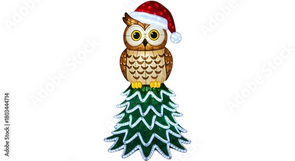 Obraz Whimsical Owl Ornament Perched on Stylized Christmas Tree with Santa Hat

