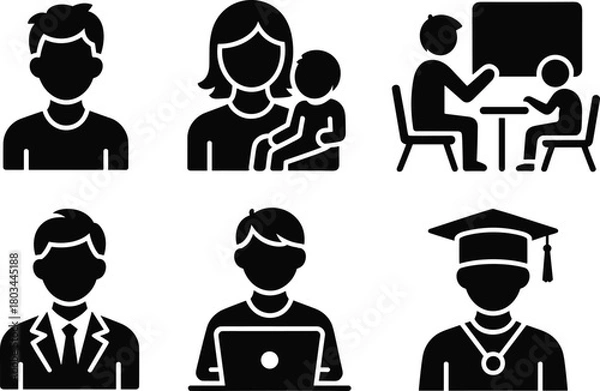Fototapeta Education icons set, family support, parent and child, teaching concept, student learning, graduation success, career development, modern training, digital study symbols