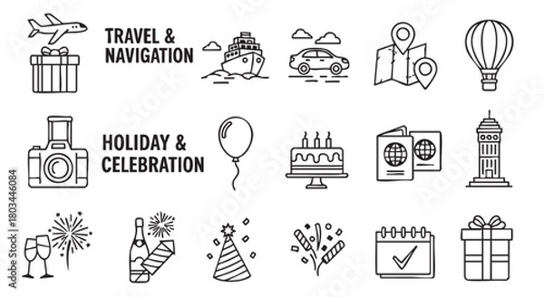 Fototapeta Travel navigation holiday and celebration vector icons collection in black and white