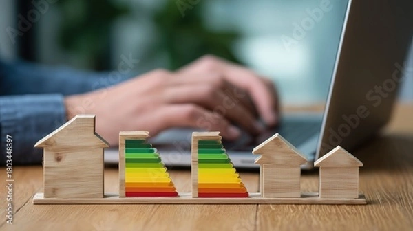 Fototapeta A Glowing, Digital Energy Efficiency Certificate Projected onto a Sustainable House.