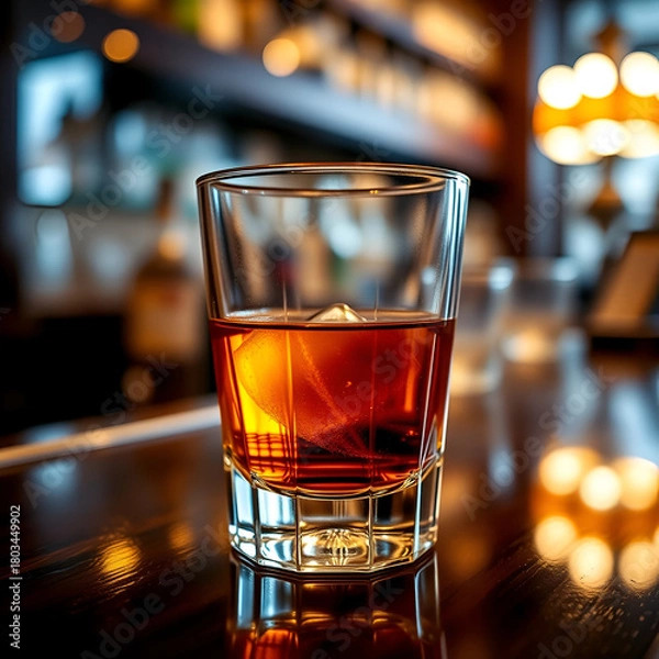 Fototapeta Closeup of Japanese whisky in vintage tumbler, polished bar, warm amber tones, blurred background, timeless and refined elegance